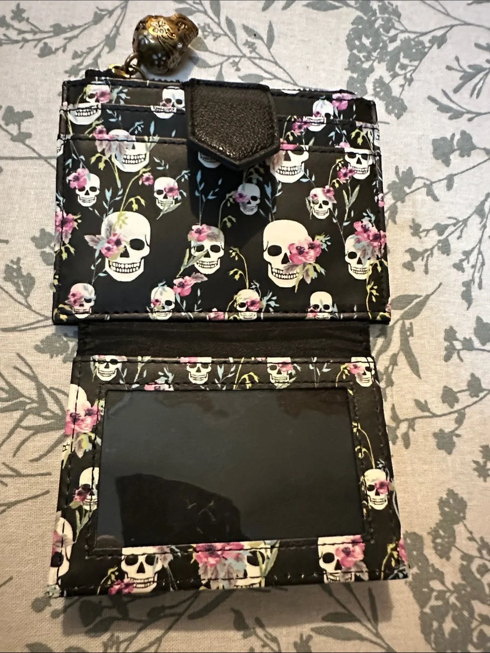 Betsey Johnson Black Floral Skull Zip Card Wallet with Gold Frame Accent
